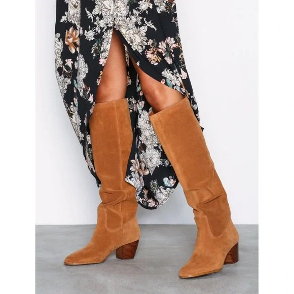 Michael Kors Avery Knee High Suede Leather Boots Stacked Heel Acorn Size 6-6.5 - Picture 14 of 14